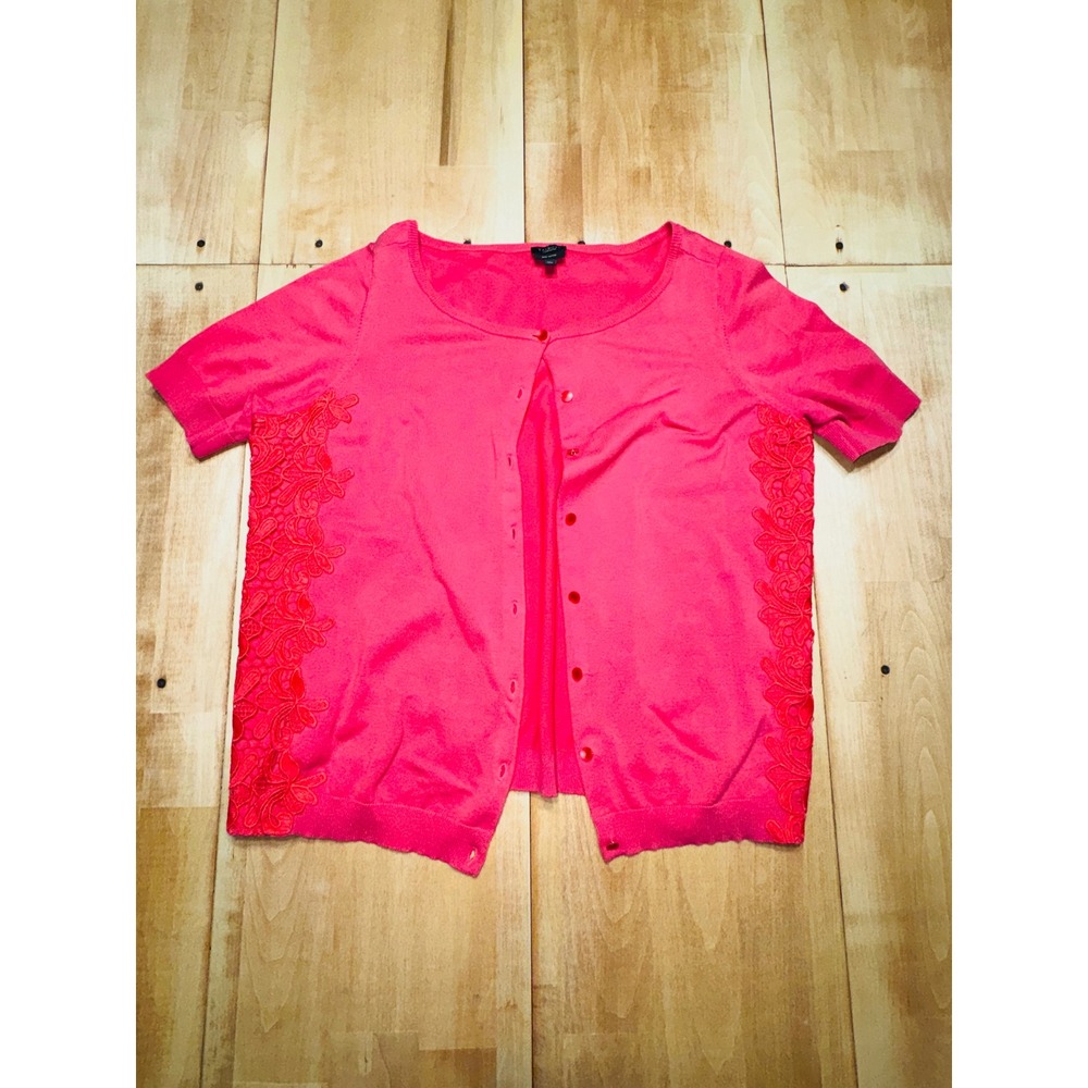 Talbots Woman Petites Pink Short Sleeve Lace Trim Cardigan Sweater 1X Petite